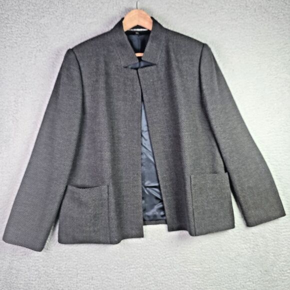Linda Allard Ellen Tracy Womens Open Blazer 12 Gray Chevron Wool Standing Notch - Picture 1 of 12
